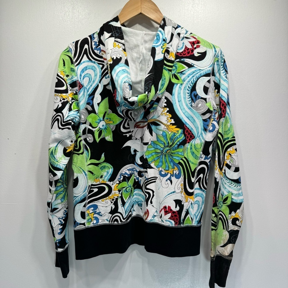 One World Special Issue Y2K 100% Cotton Bold Colorful Floral Print Zip Up Hoodie - Picture 9 of 11